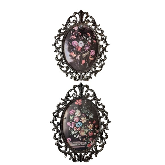 Vintage Floral Still Life Art Pair: Rococo Oval Metal Frames, Matching Pair - Picture 5 of 5
